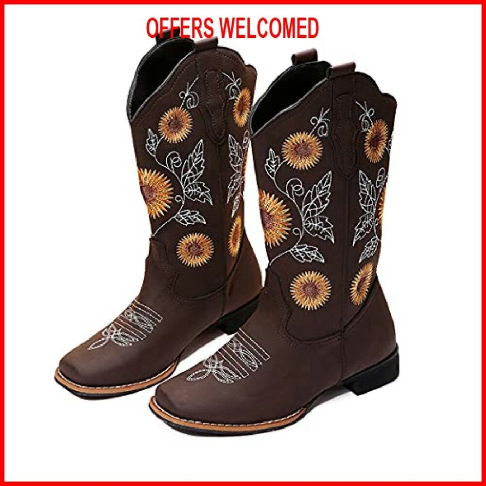 Women's Mid Calf Cowboy Boots Sunflower Embroidery Low Heel Square Toe - Picture 2 of 8